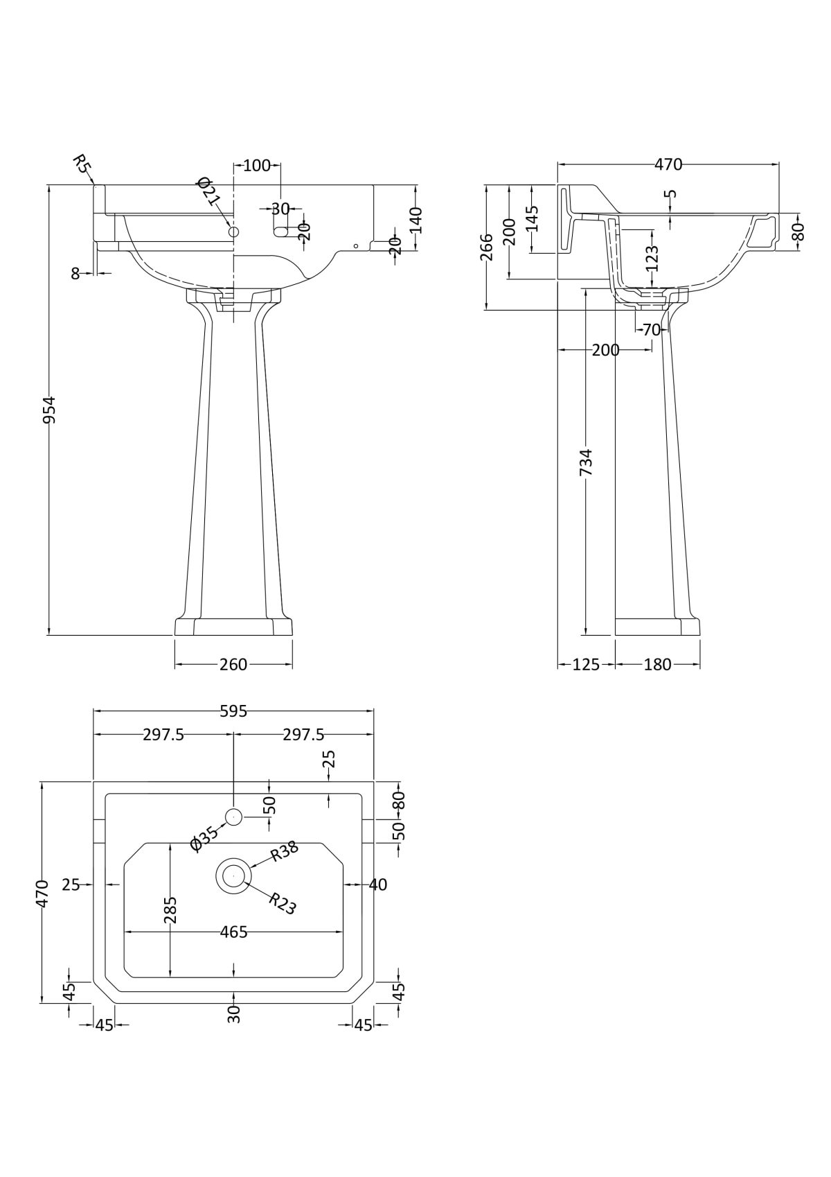 600mm 1TH Basin & Comfort Height Ped - Image 2