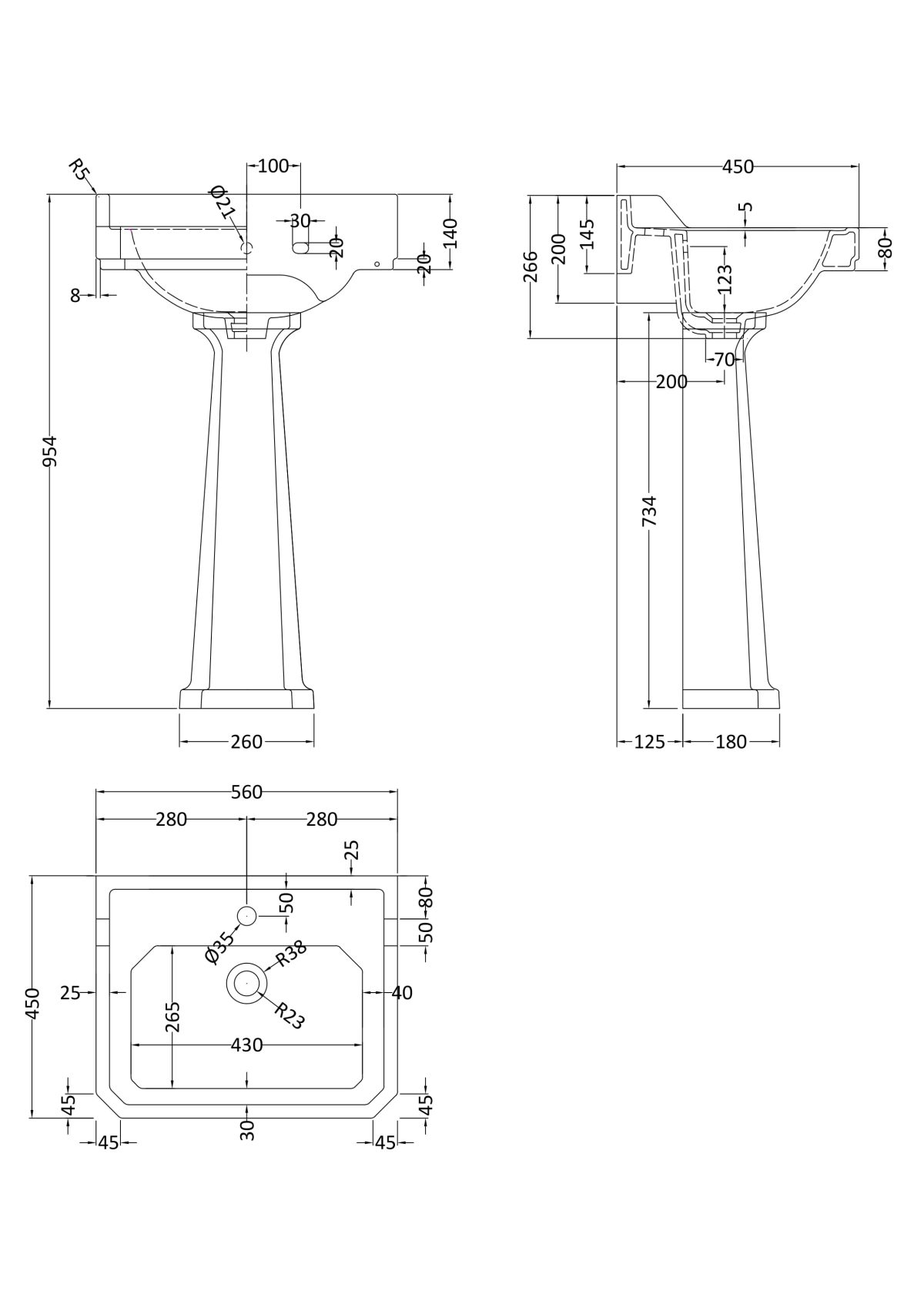 560mm 1TH Basin & Comfort Height Ped - Image 2