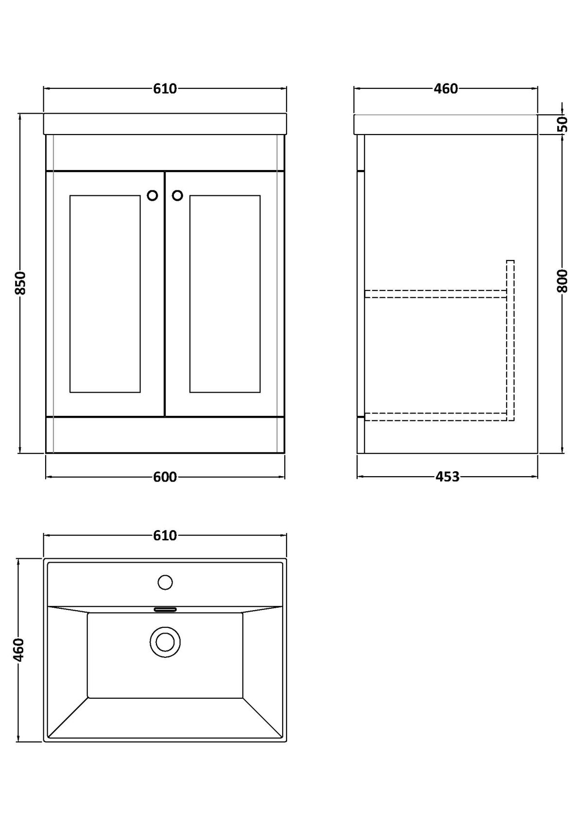 600mm Floor Standing 2-Door Vanity with Basin - 1 Tap Hole - Image 2