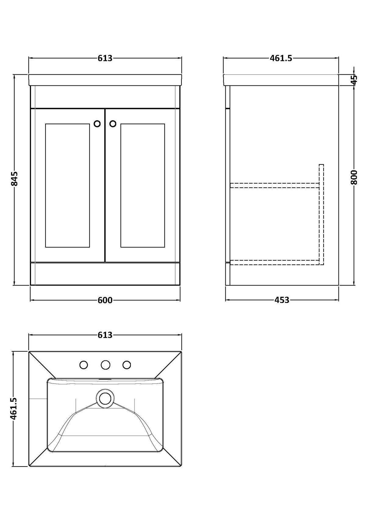600mm Floor Standing 2-Door Vanity with Basin - 3 Tap Hole - Image 2