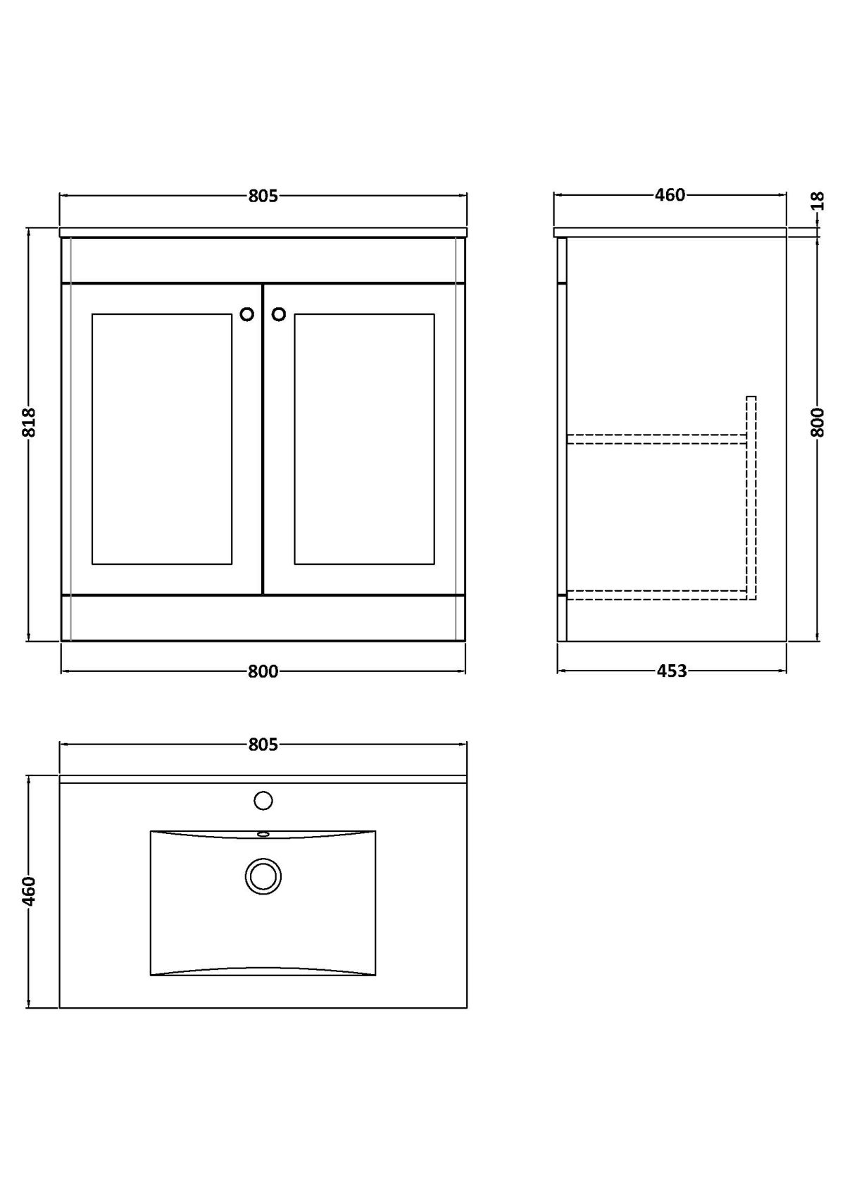 800mm Floor Standing 2-Door Vanity with Basin - 1 Tap Hole - Image 2