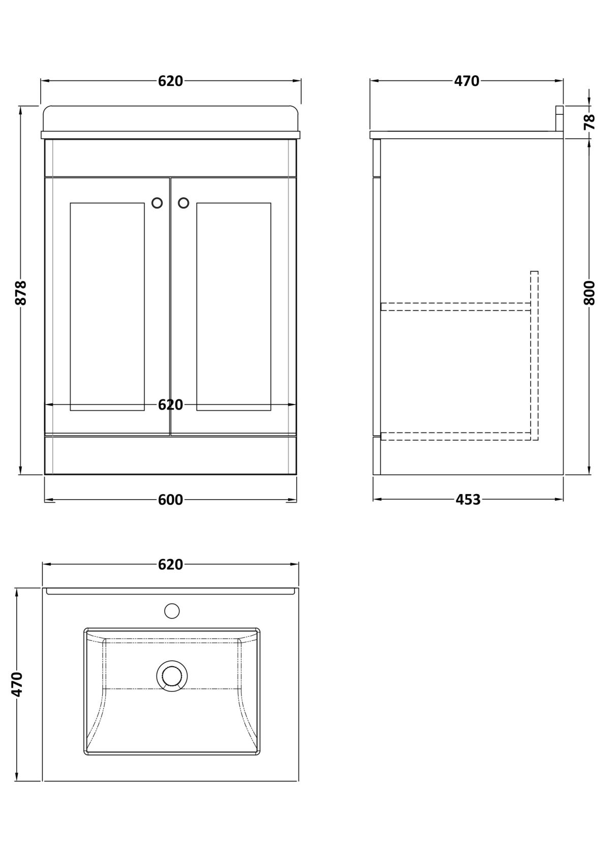 600mm Floor Standing 2 Door Vanity & Marble Top 1TH - Image 2