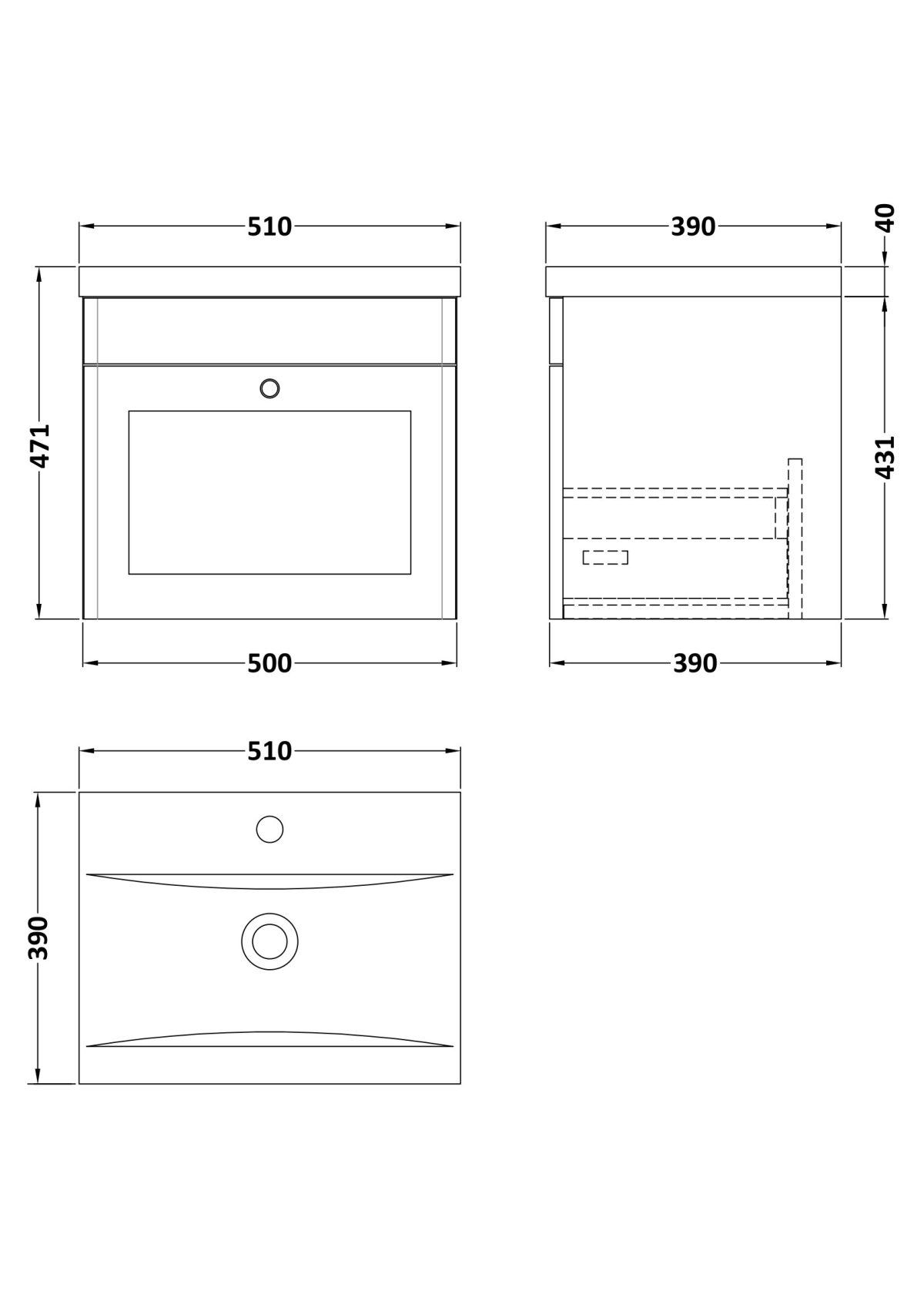 500mm Wall Hung 1 Drawer Vanity & Basin 1 - Image 3