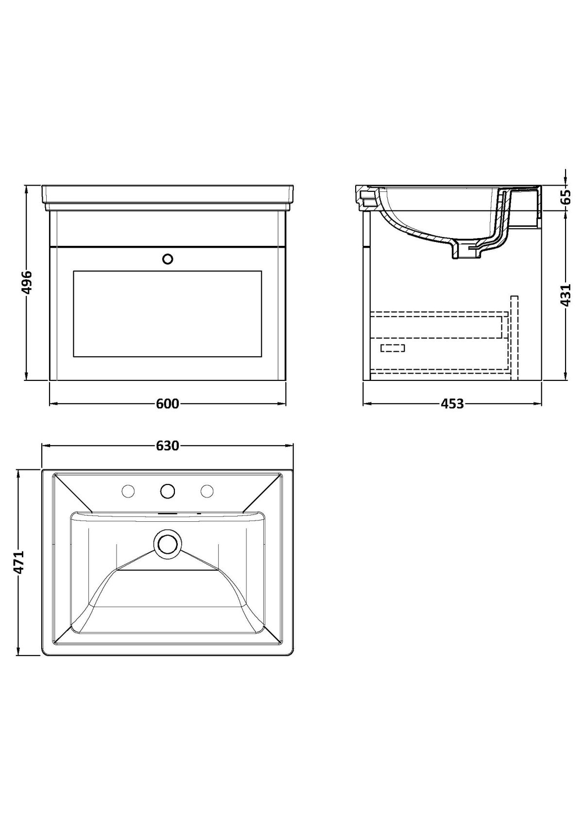 600mm Wall Hung 1-Drawer Vanity & Basin 3TH - Image 3