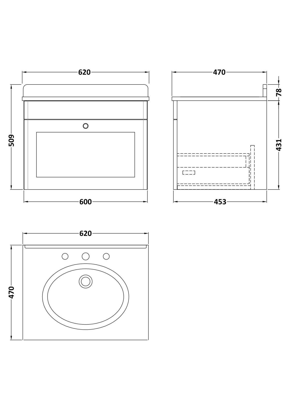 600mm Wall Hung 1 Drawer Vanity & Marble Top 3TH - Image 2