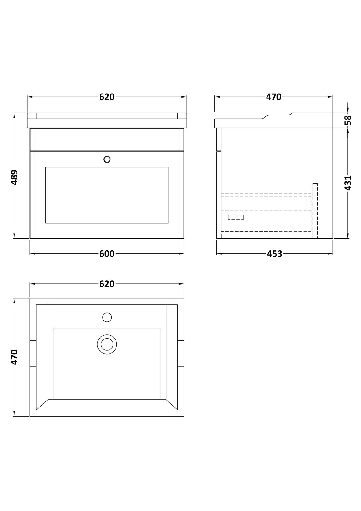 600mm Wall Hung 1 Drawer Vanity & Basin 3TH - Image 3