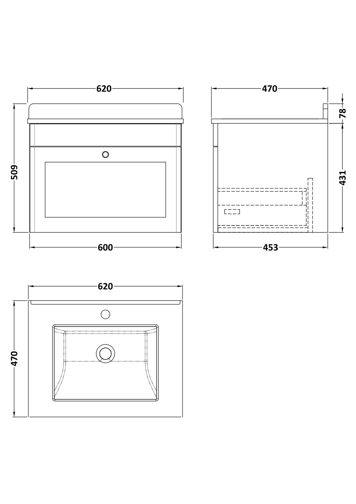 600mm Wall Hung 1 Drawer Vanity & Marble Top 1TH - Image 2