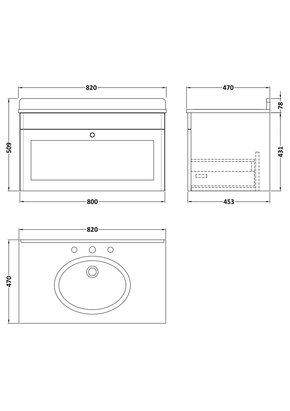 800mm Wall Hung 1 Drawer Vanity & Marble Top 3TH - Image 2