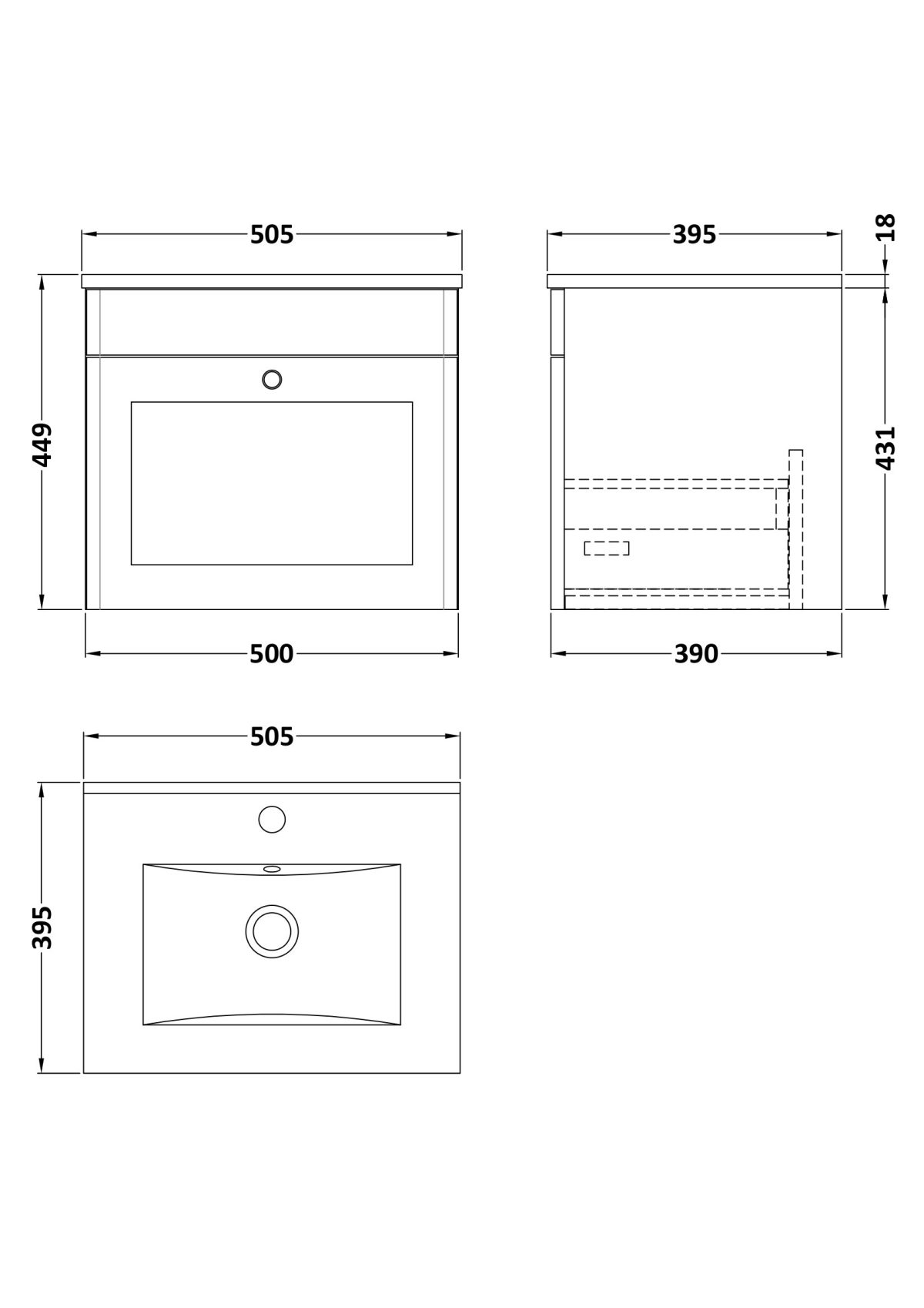 500mm Wall Hung 1 Drawer Vanity & Basin 2 - Image 3
