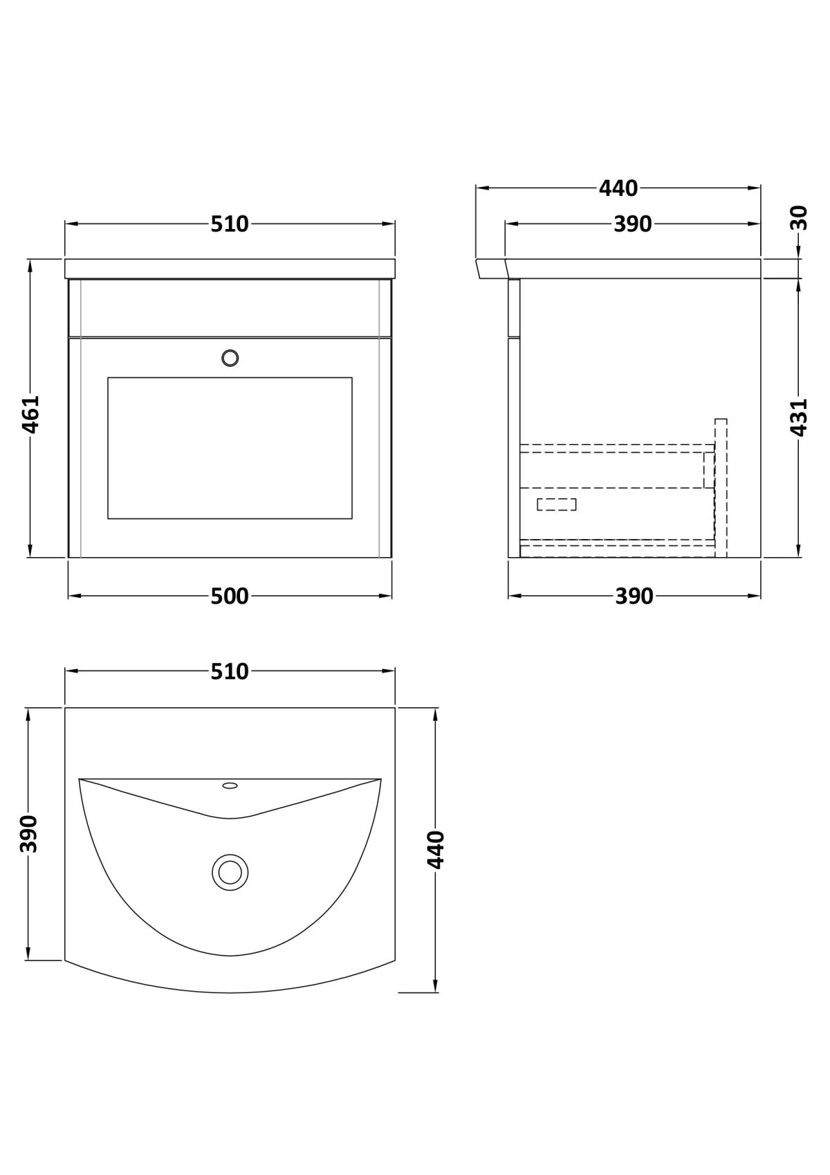 500mm Wall Hung 1-Drawer Unit & Curved Basin - Image 3