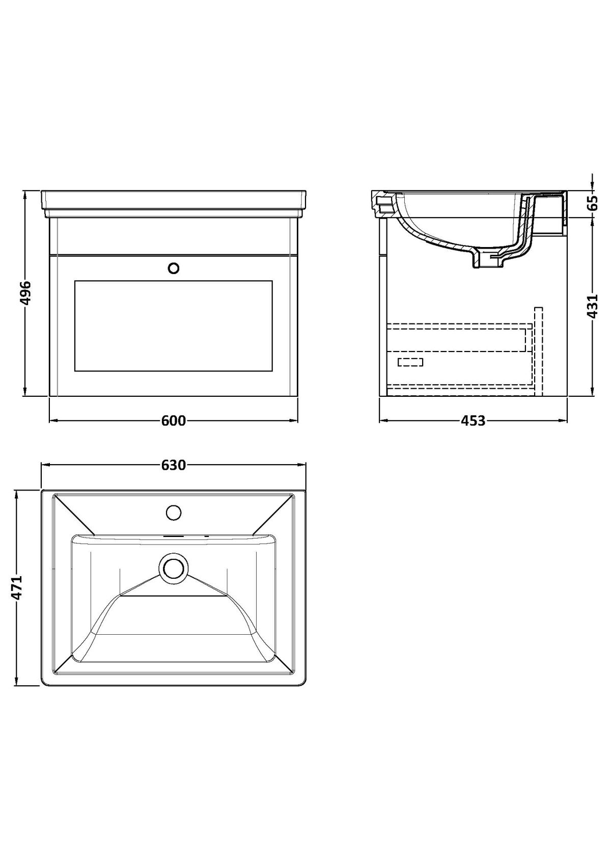 600mm Wall Hung 1-Drawer Vanity & Basin 1TH - Image 4