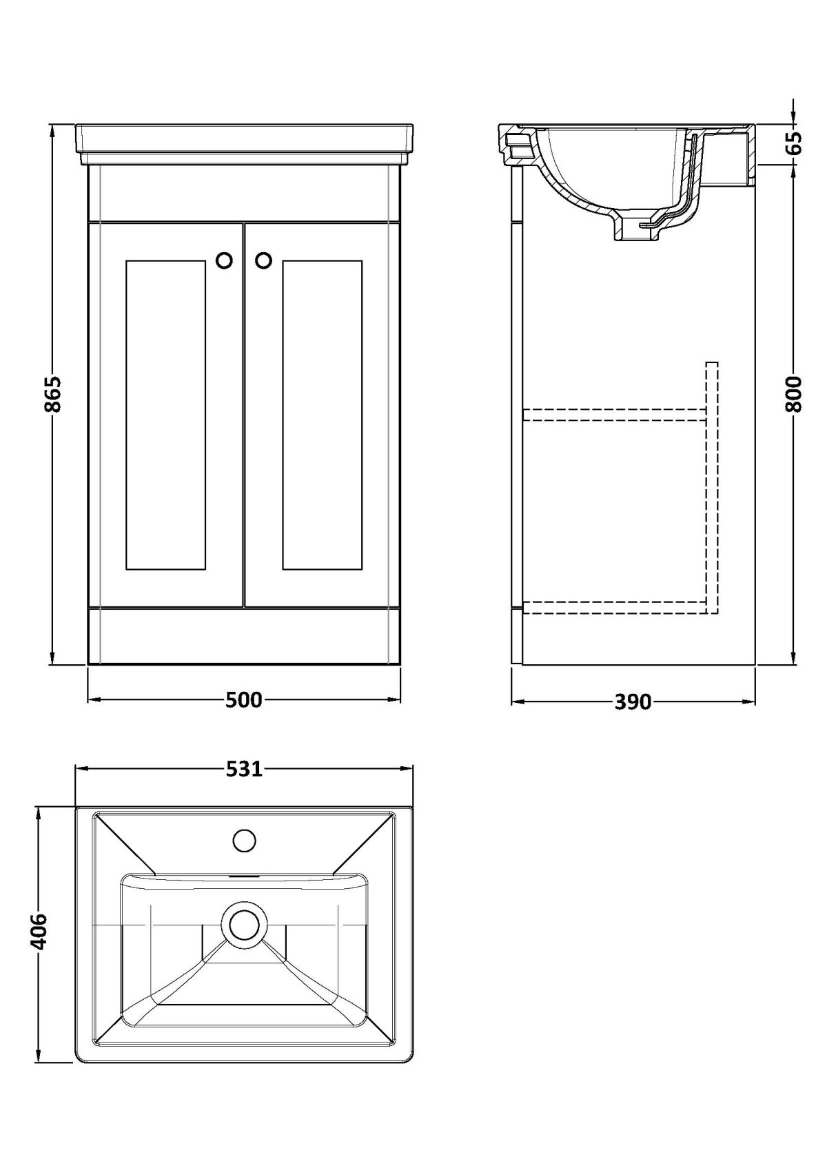 500mm Floor Standing 2-Door Vanity & Basin 1TH - Image 3