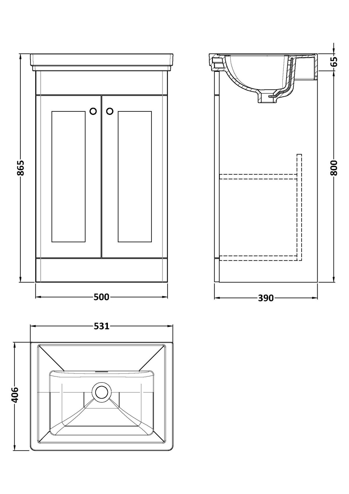 500mm Floor Standing 2 Door Vanity & Basin 0TH - Image 3