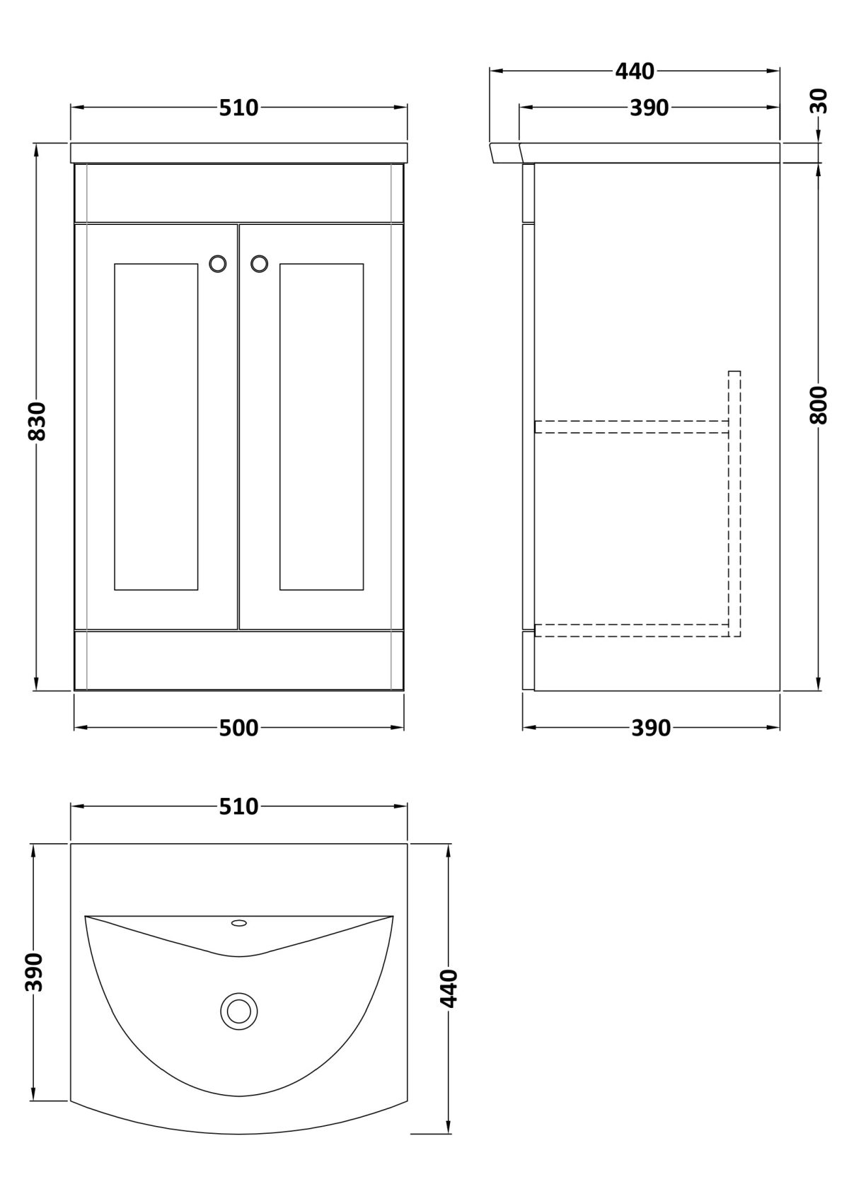 500mm Floor Standing 2-Door Unit & Curved Basin - Image 3