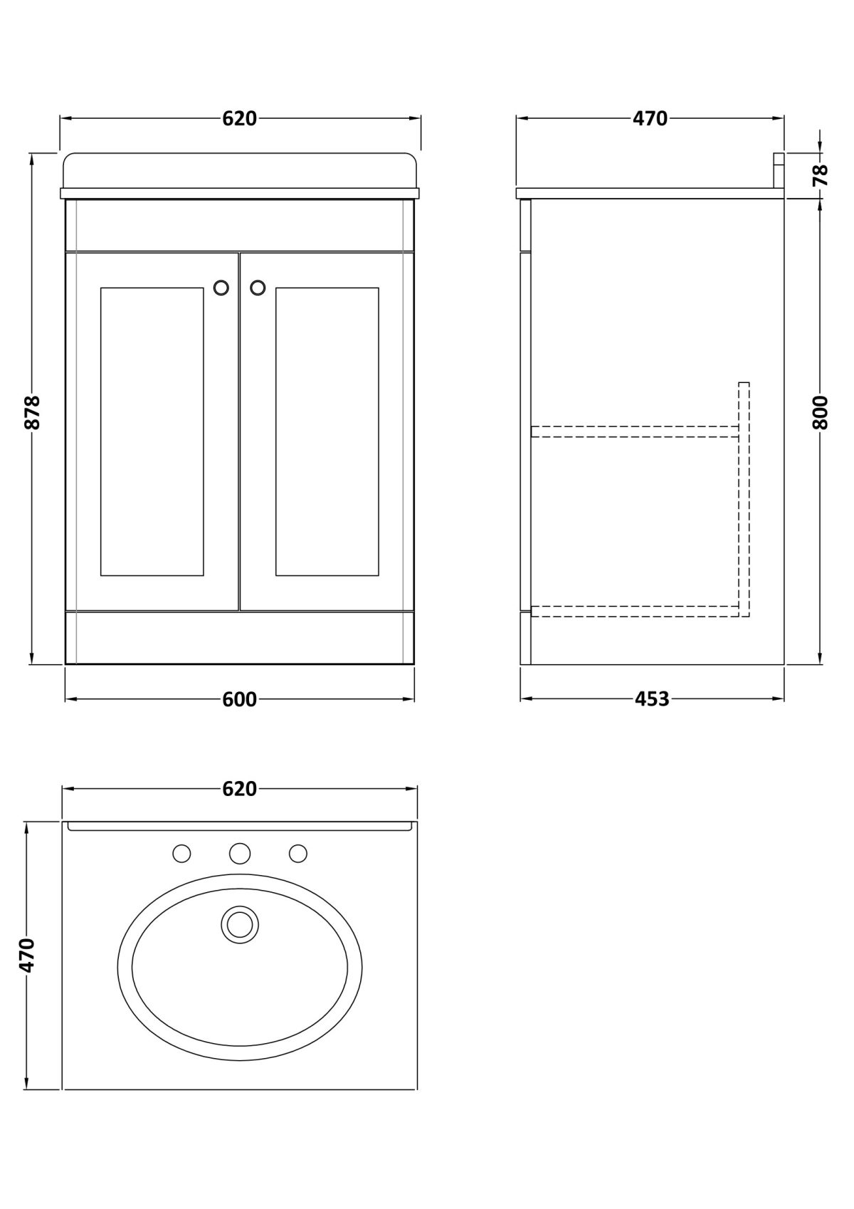 600mm Floor Standing 2 Door Vanity & Marble Top 3TH - Image 2
