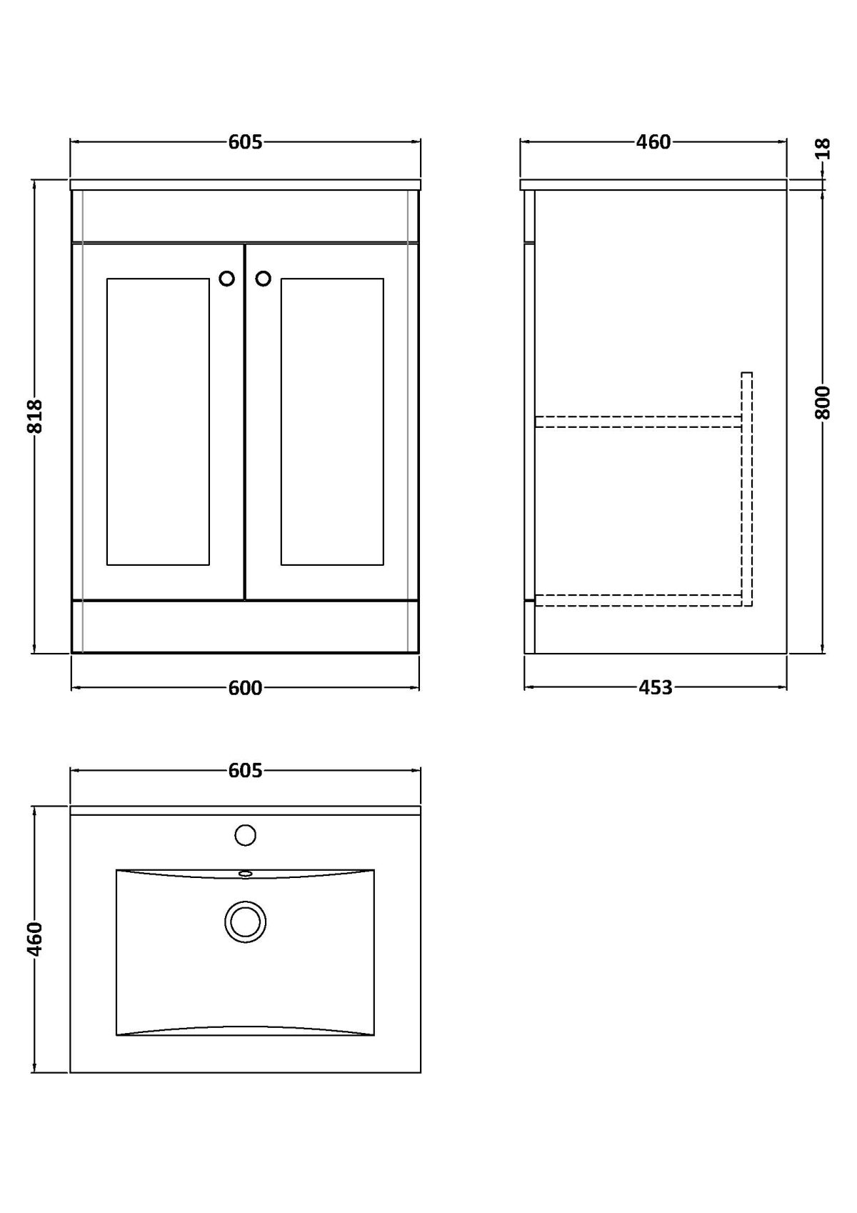600mm Floor Standing 2-Door Vanity with Basin - 1 Tap Hole - Image 2
