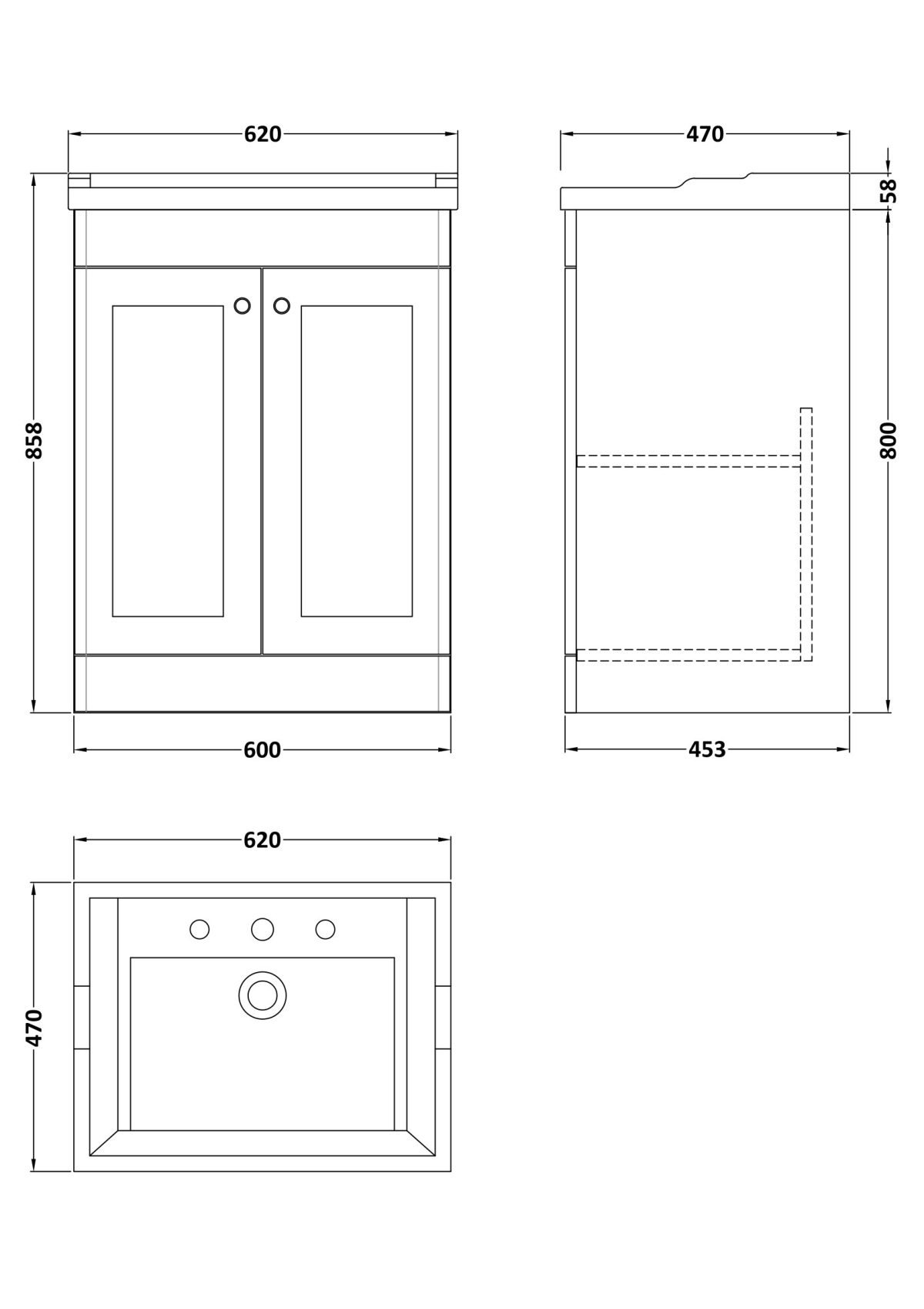 600mm Floor Standing 2 Door Vanity & Basin 3TH - Image 3