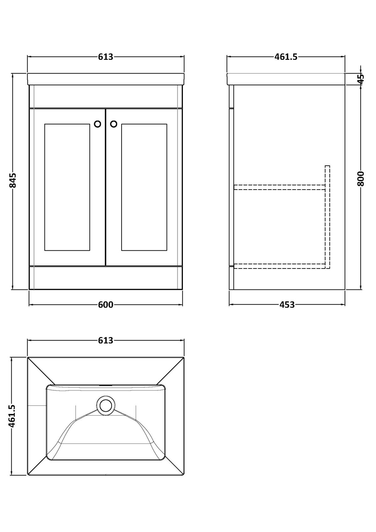 600mm Floor Standing 2-Door Vanity with Basin - 0 Tap Hole - Image 2