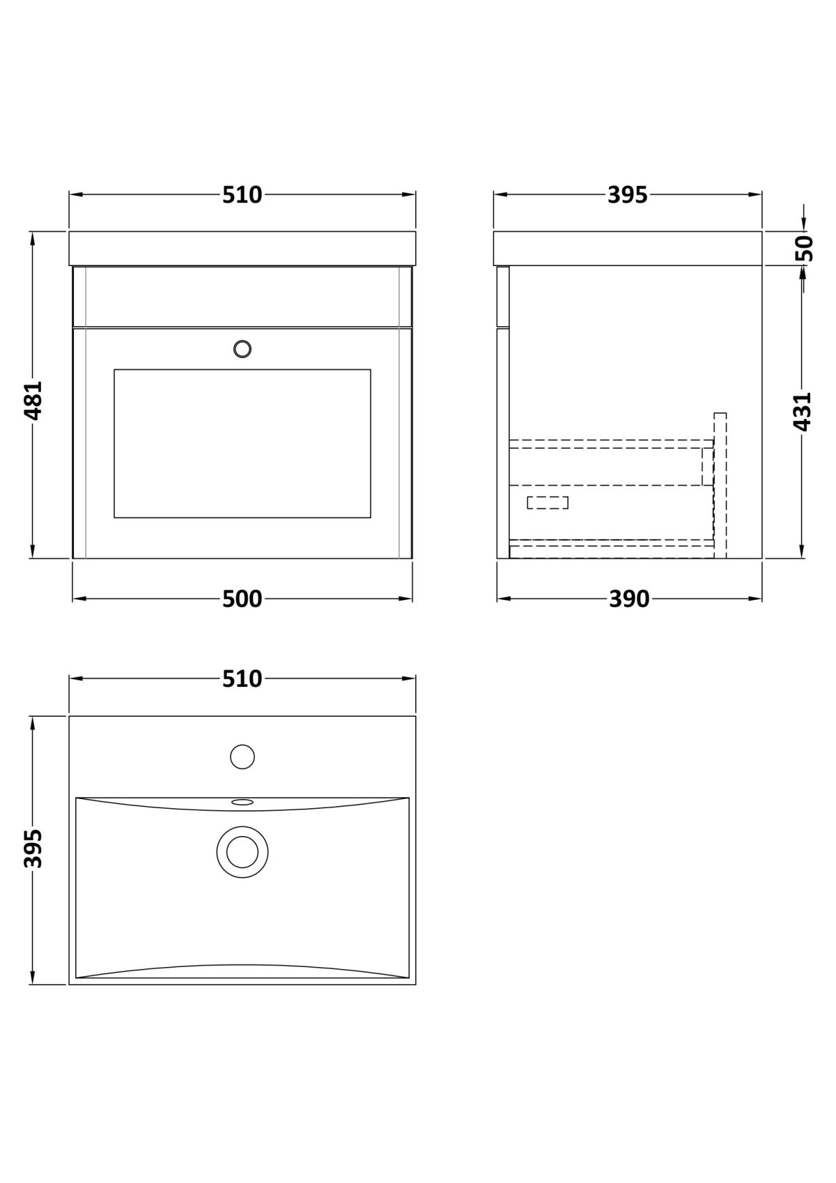 500mm Wall Hung 1 Drawer Vanity & Basin 3 - Image 3