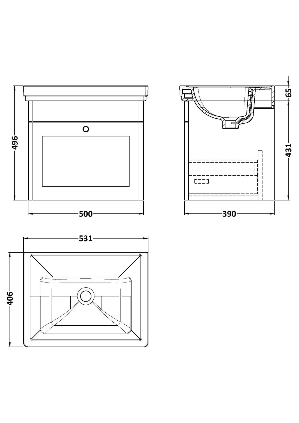 500mm Wall Hung 1 Drawer Vanity & Basin 0TH - Image 3