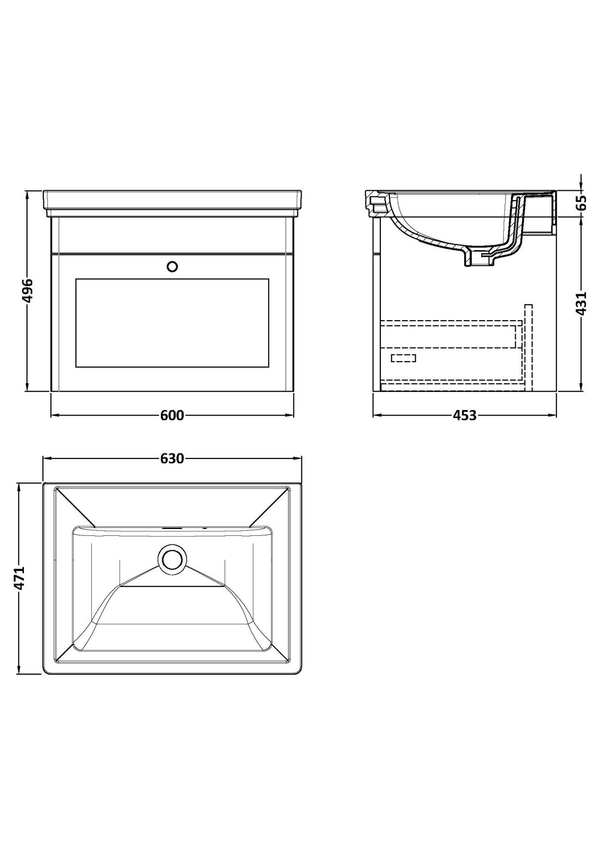 600mm Wall Hung 1 Drawer Vanity & Basin 0TH - Image 3