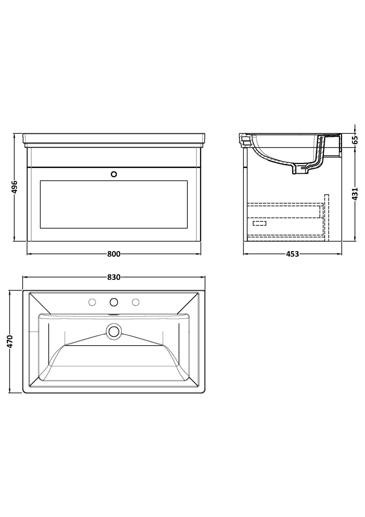 800mm Wall Hung 1-Drawer Vanity & Basin 3TH - Image 3