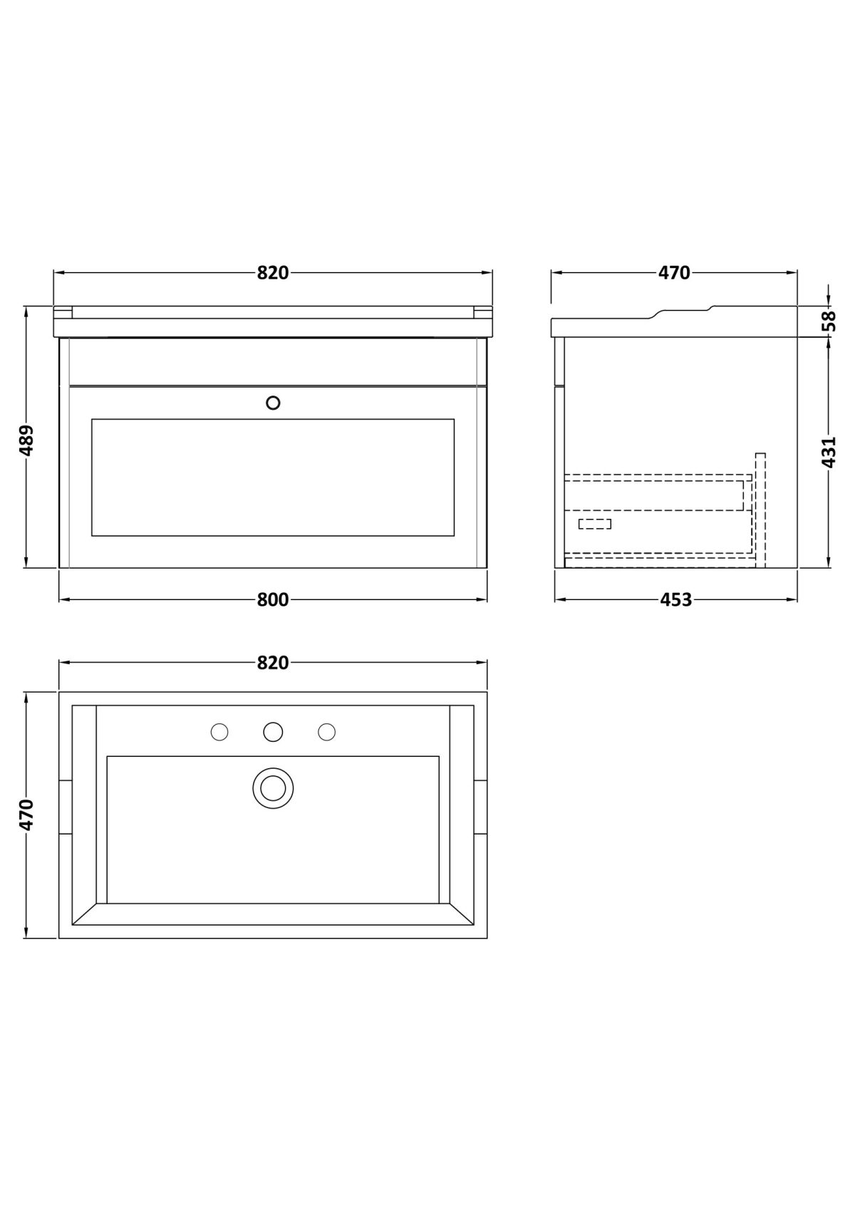 800mm Wall Hung 1 Drawer Vanity & Basin 3TH - Image 3