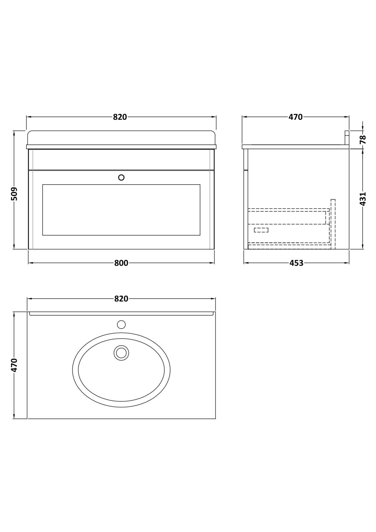 800mm Wall Hung 1 Drawer Vanity & Marble Top 1TH - Image 2