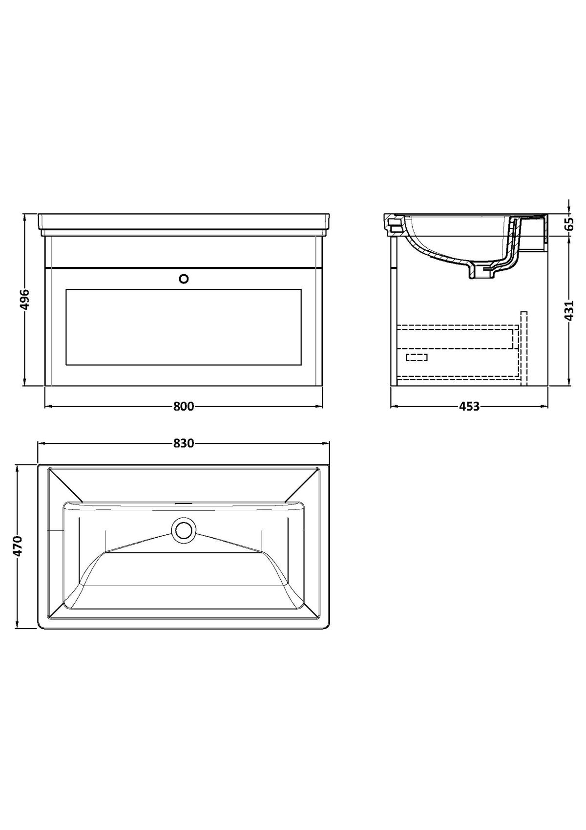 800mm Wall Hung 1 Drawer Vanity & Basin 0TH - Image 3