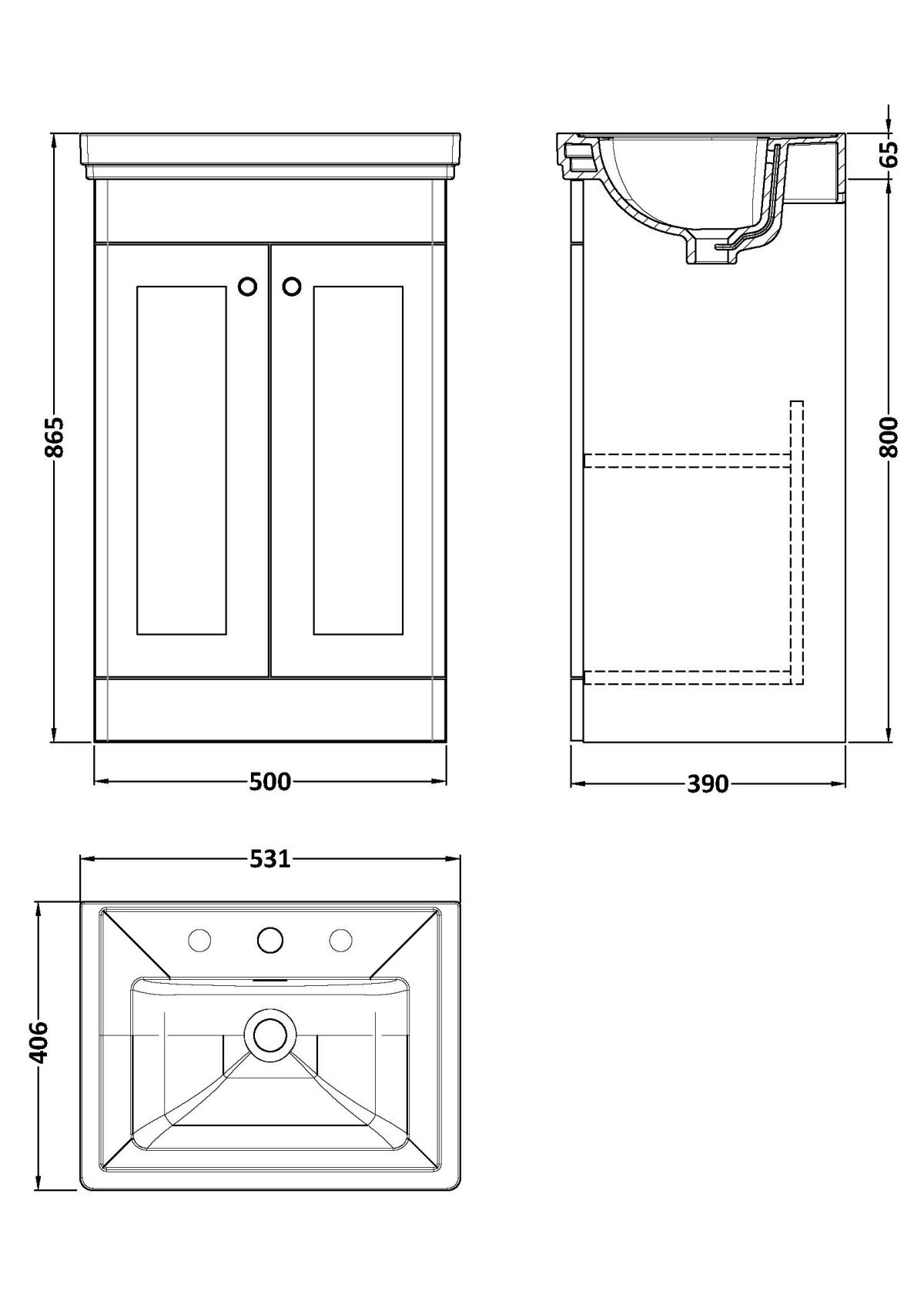 500mm Floor Standing 2-Door Vanity & Basin 3TH - Image 4