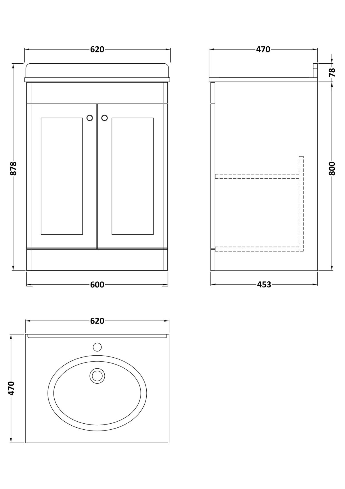 600mm Floor Standing 2 Door Vanity & Marble Top 1TH - Image 2