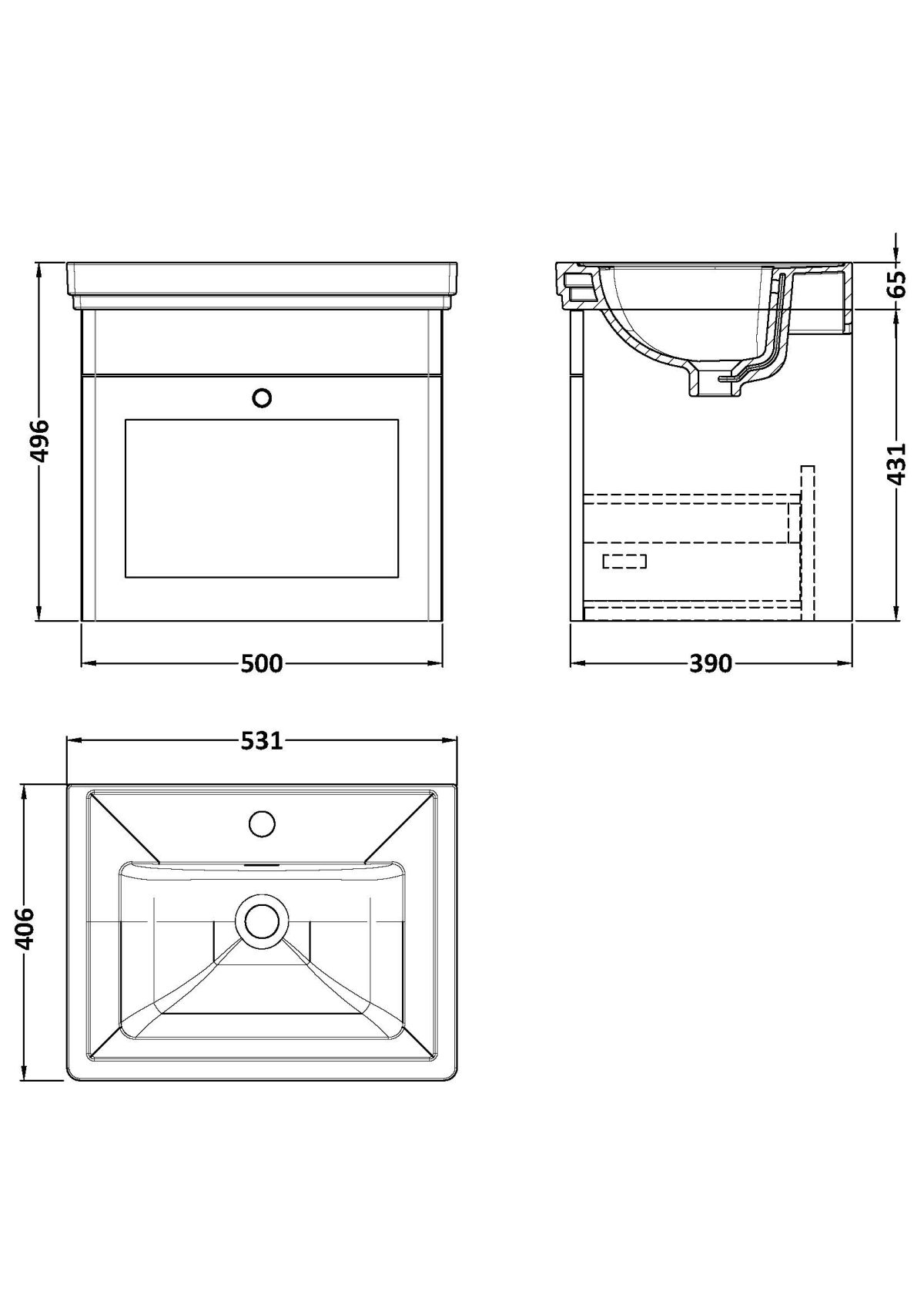 500mm Wall Hung 1-Drawer Vanity & Basin 1TH - Image 3