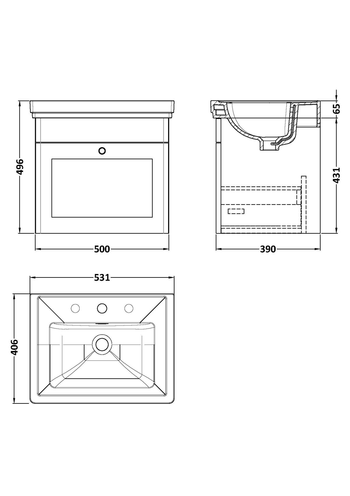 500mm Wall Hung 1-Drawer Vanity & Basin 3TH - Image 3
