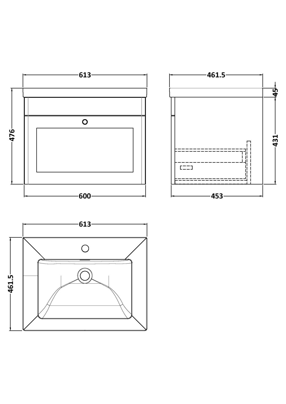 600mm Wall Hung 1-Drawer Vanity with Basin - 1 Tap Hole - Image 2