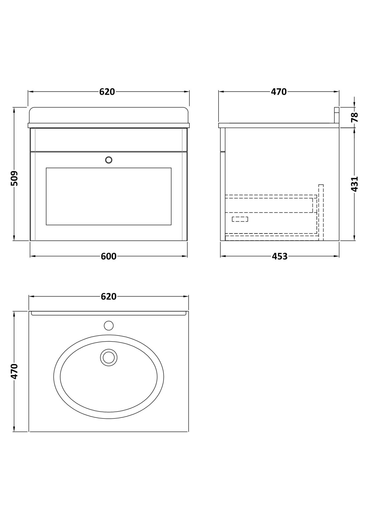 600mm Wall Hung 1 Drawer Vanity & Marble Top 1TH - Image 2