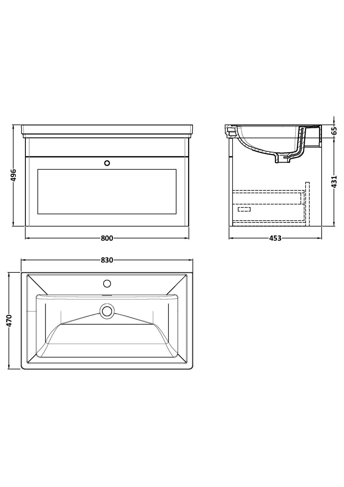 800mm Wall Hung 1-Drawer Vanity & Basin 1TH - Image 4