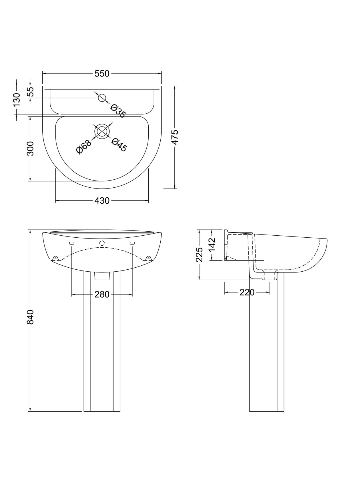 550mm 1TH Basin & Pedestal - Image 3