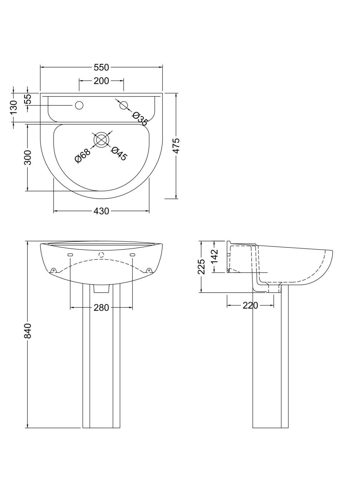 550mm 2TH Basin & Pedestal - Image 2
