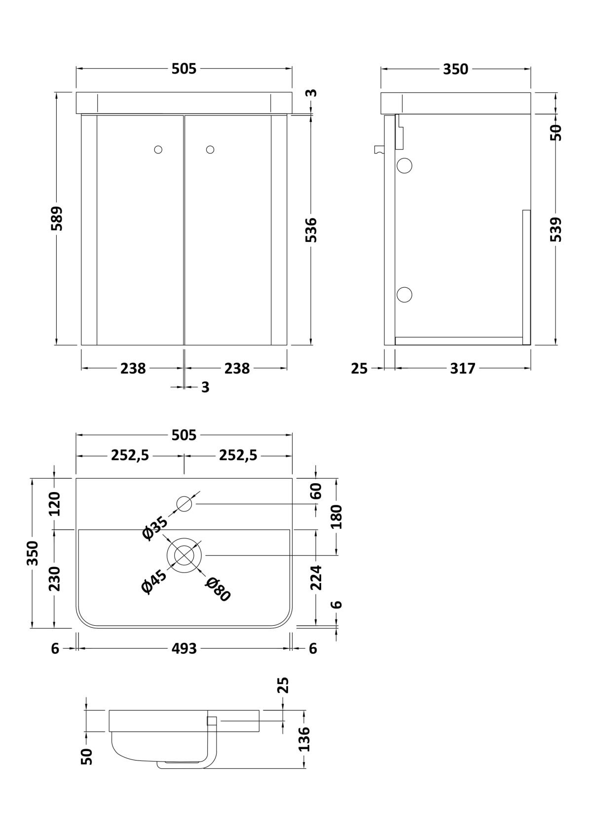 500mm Wall Hung 2 Door Unit & Basin - Image 3
