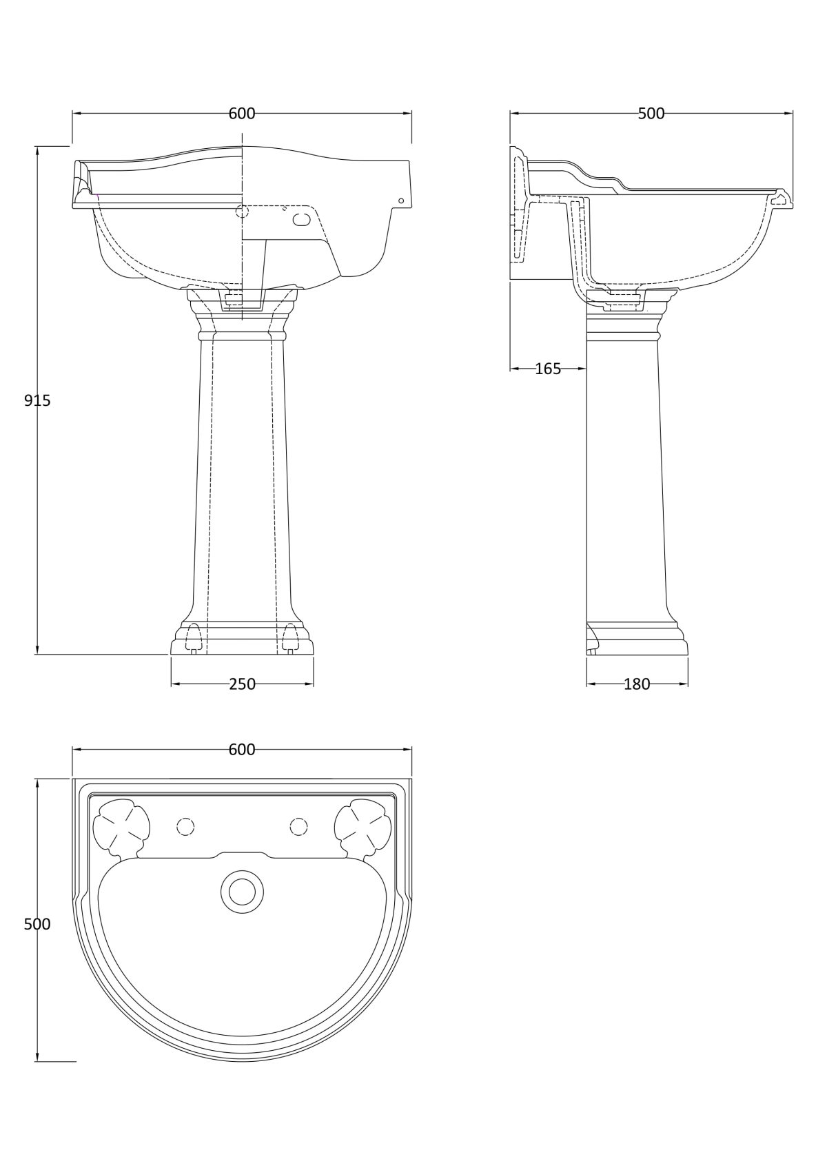 600mm Basin & Pedestal (2 Tap Hole) - Image 2