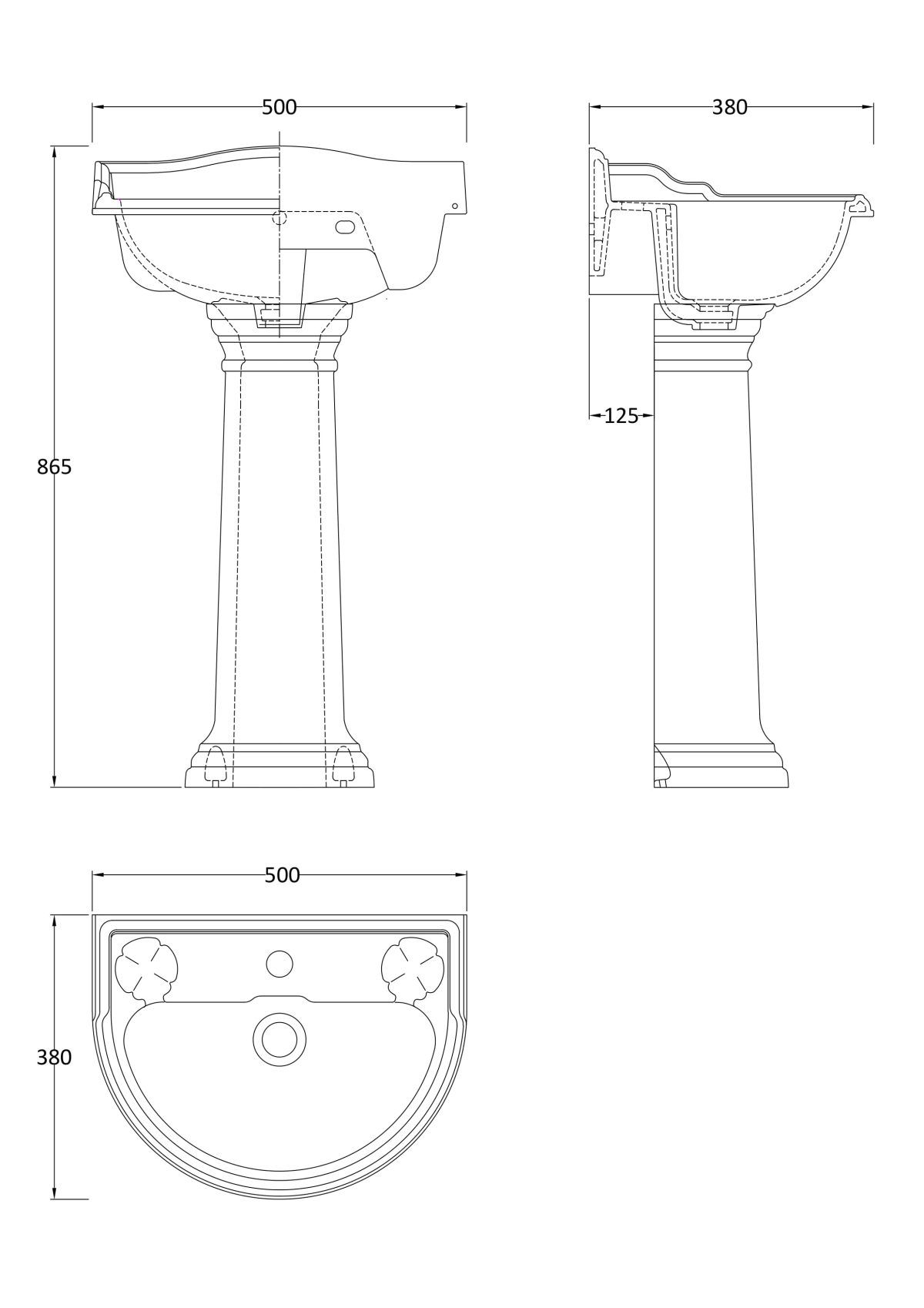 500mm Basin & Pedestal (1 Tap Hole) - Image 2