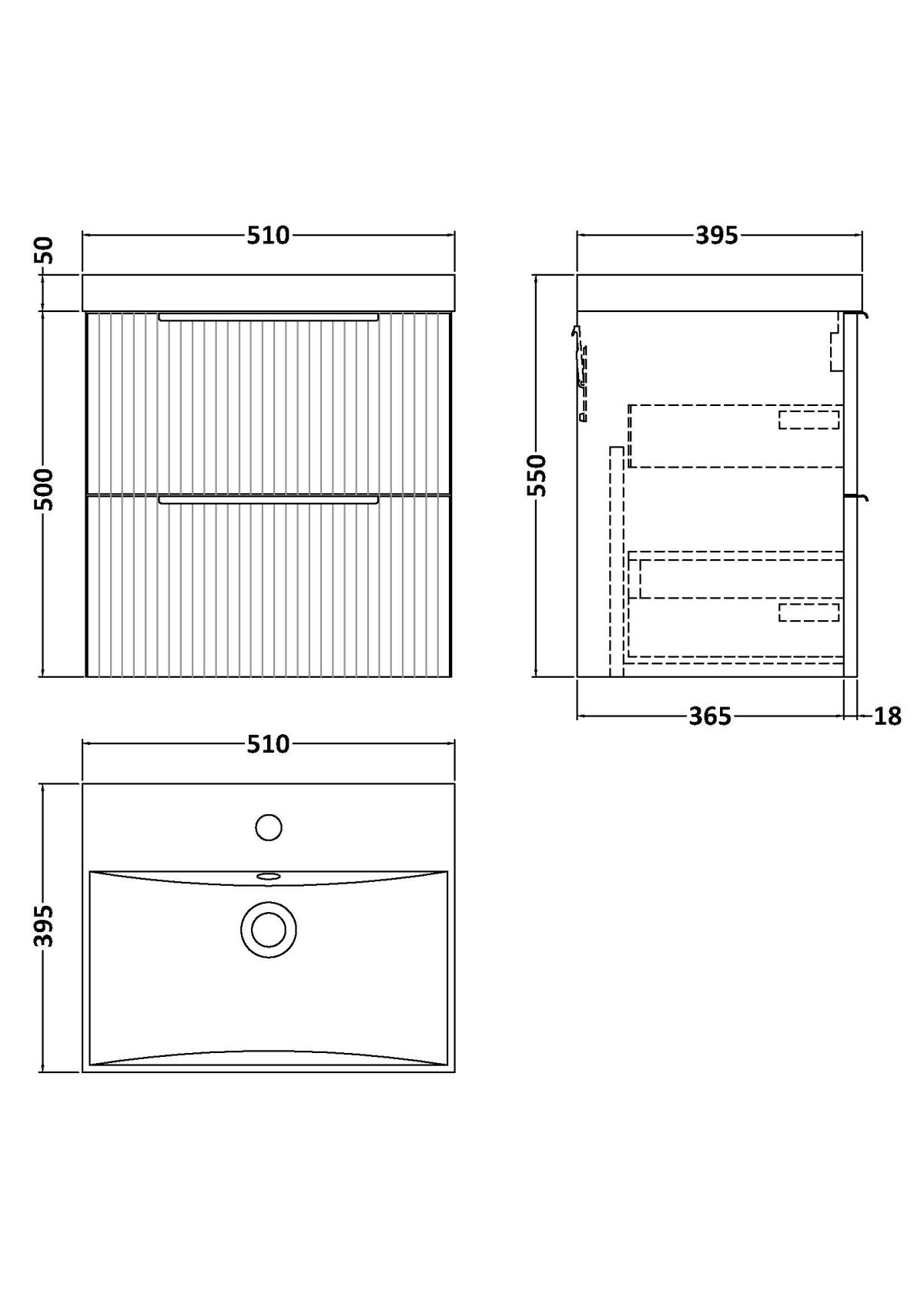 500mm Wall Hung 2 Drawer Vanity & Basin 3 - Image 3