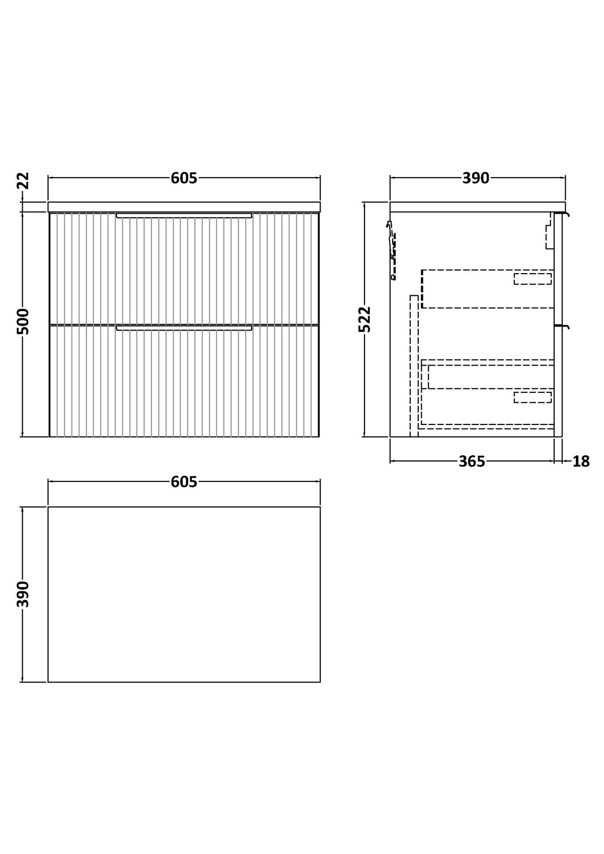 600mm Wall Hung 2 Drawer Vanity & Laminate Top - Image 2