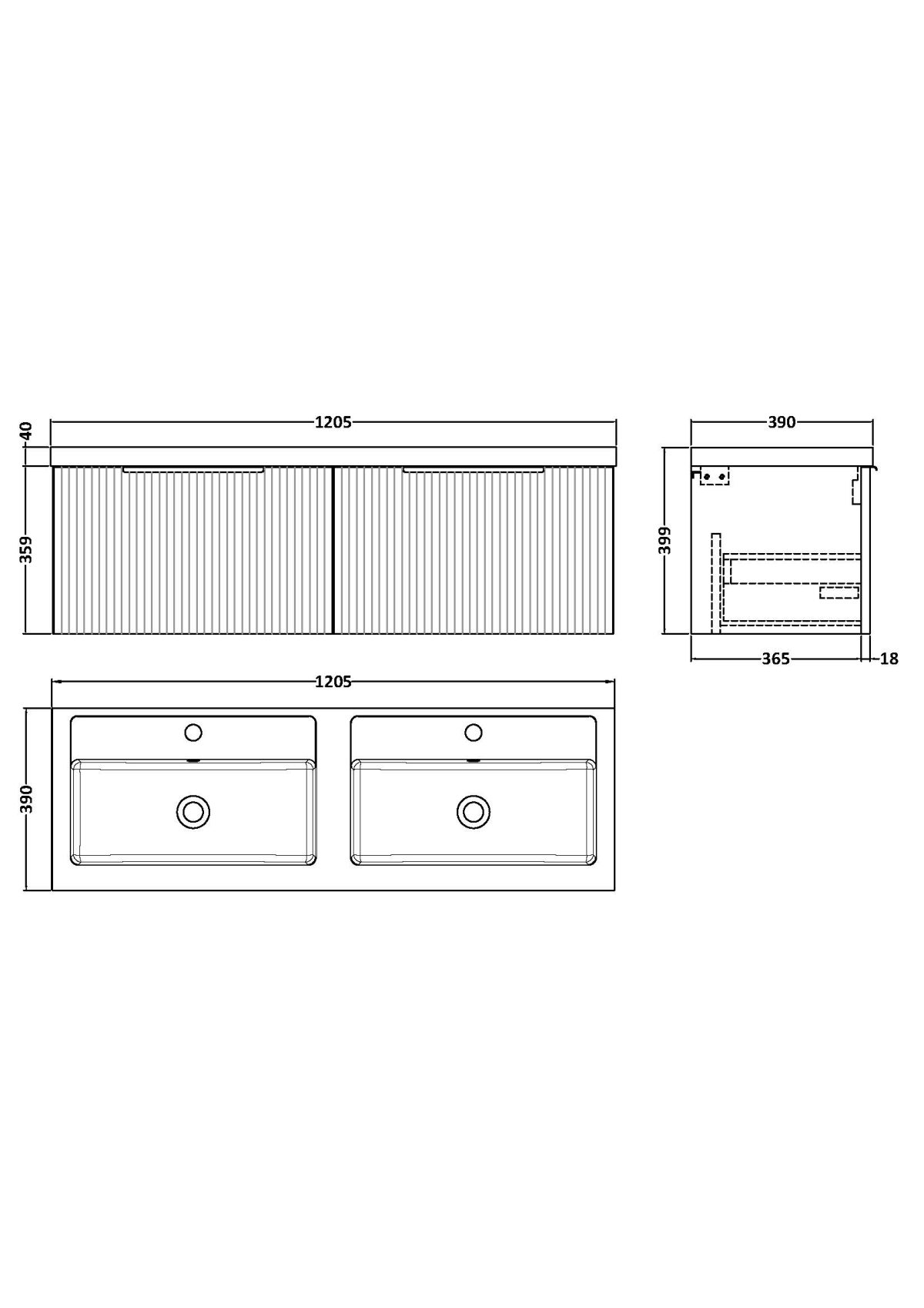 1200mm Wall Hung 2 Drawer Vanity & Double Basin - Image 3