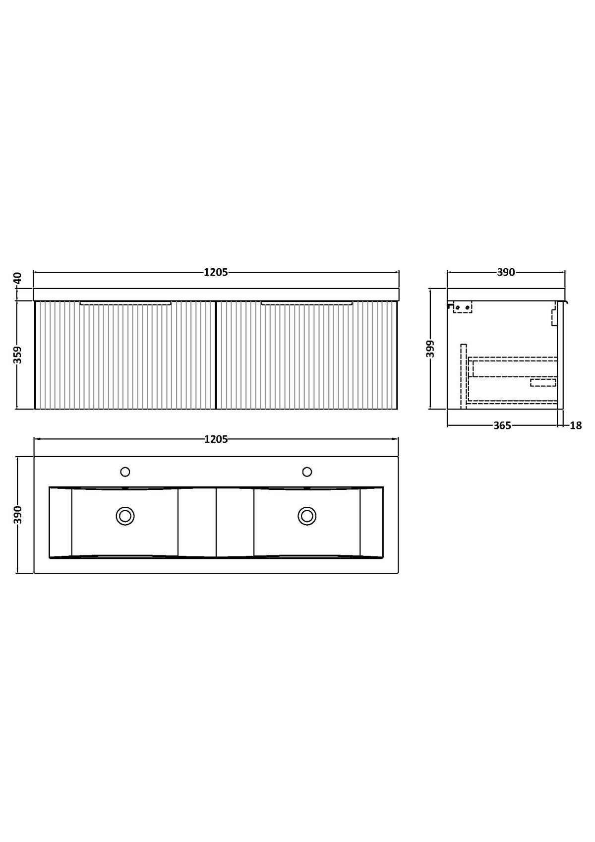 1200mm Wall Hung 2 Drawer Vanity & Double Basin - Image 3