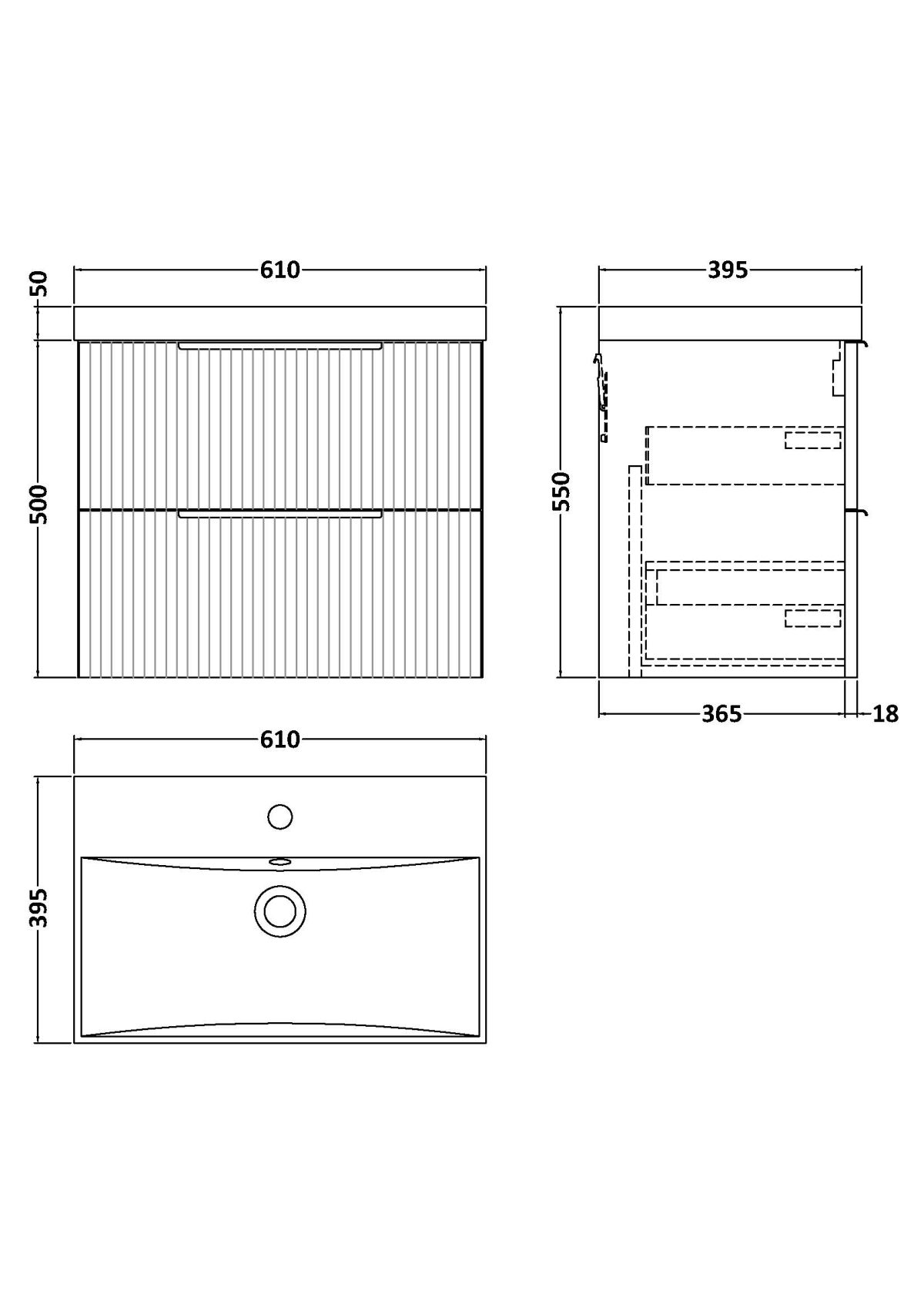 600mm Wall Hung 2 Drawer Vanity & Basin 3 - Image 3