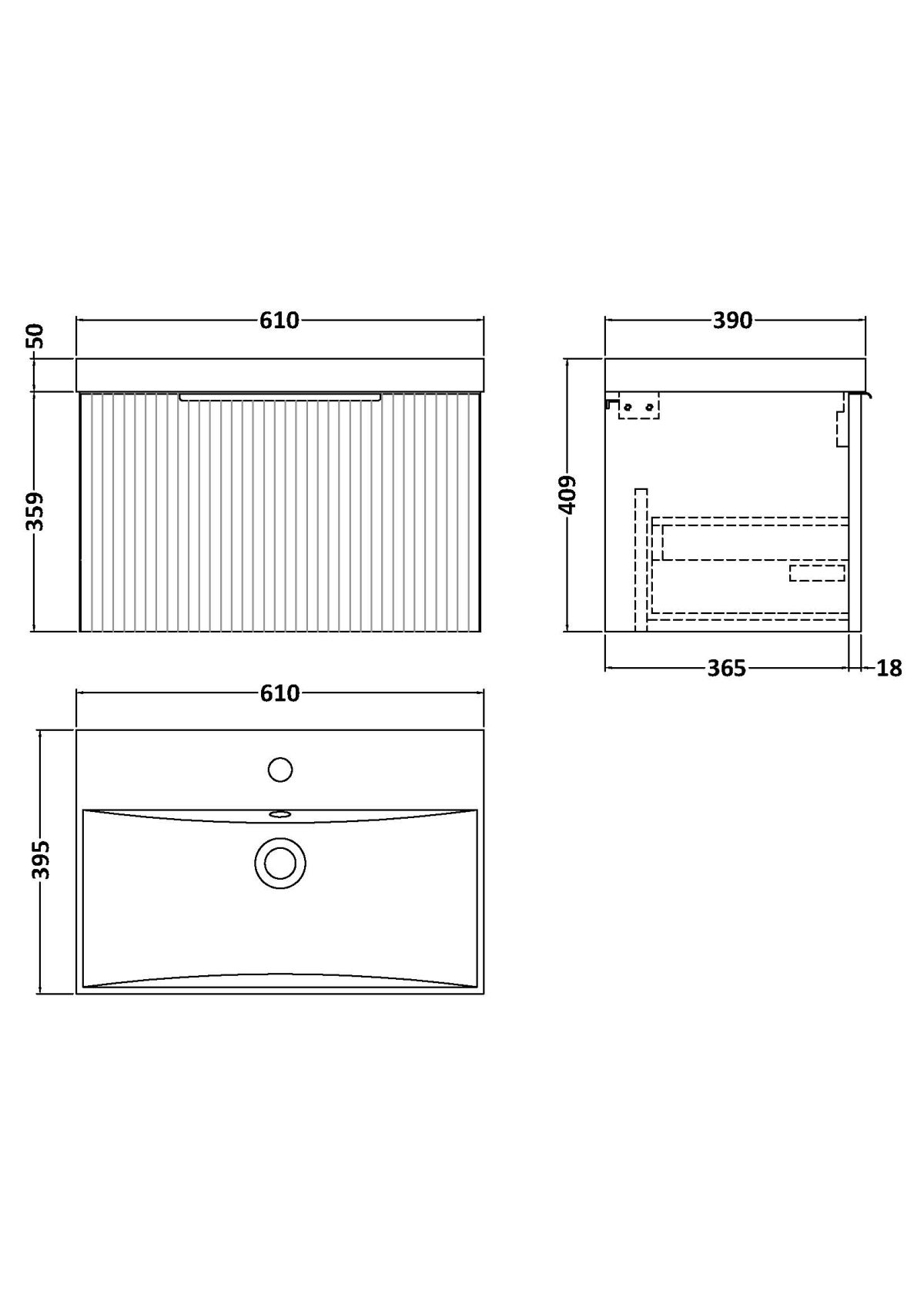 600mm Wall Hung Single Drawer Vanity & Basin 3 - Image 3