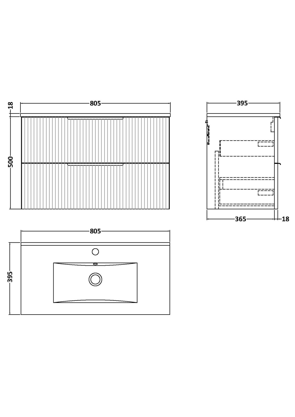 800mm Wall Hung 2 Drawer Vanity & Basin 2 - Image 3