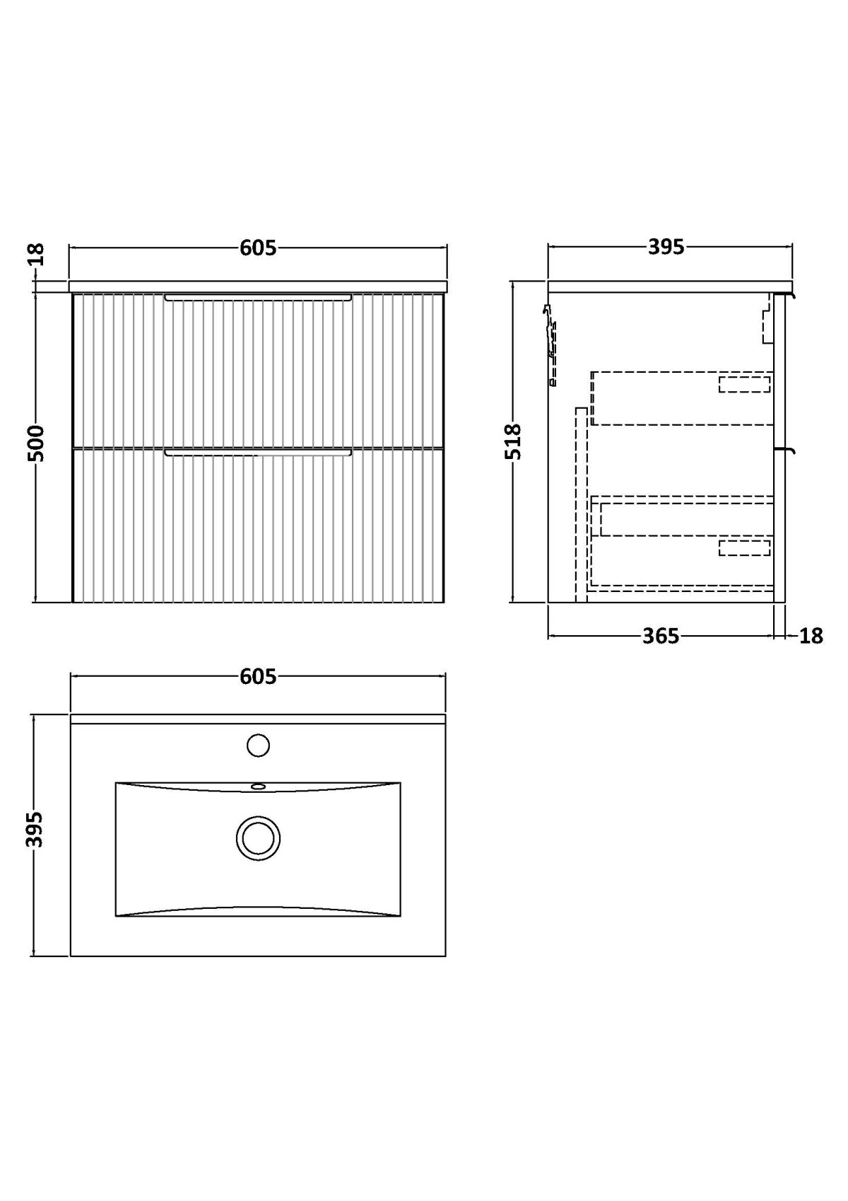 600mm Wall Hung 2 Drawer Vanity & Basin 2 - Image 4