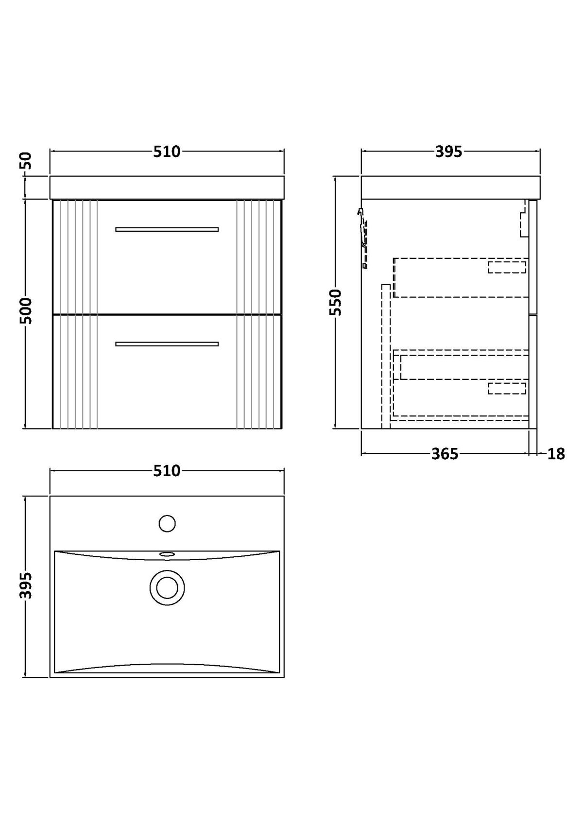 500mm Wall Hung 2 Drawer Vanity & Basin 3 - Image 3
